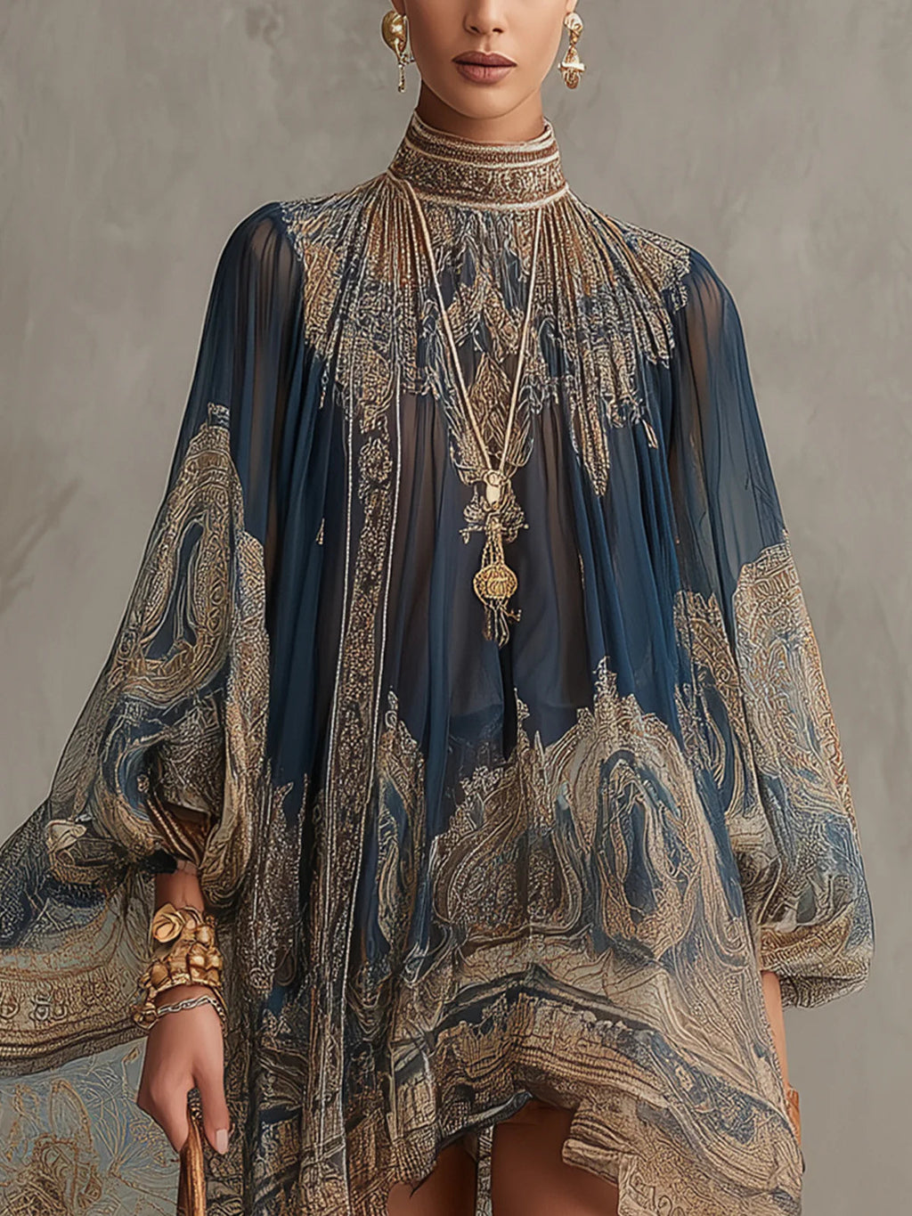 Flowering Girl Women Navy Blue Baroque Print High-neck Irregular Chiffon Mini Dress