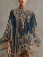 Flowering Girl Women Navy Blue Baroque Print High-neck Irregular Chiffon Mini Dress