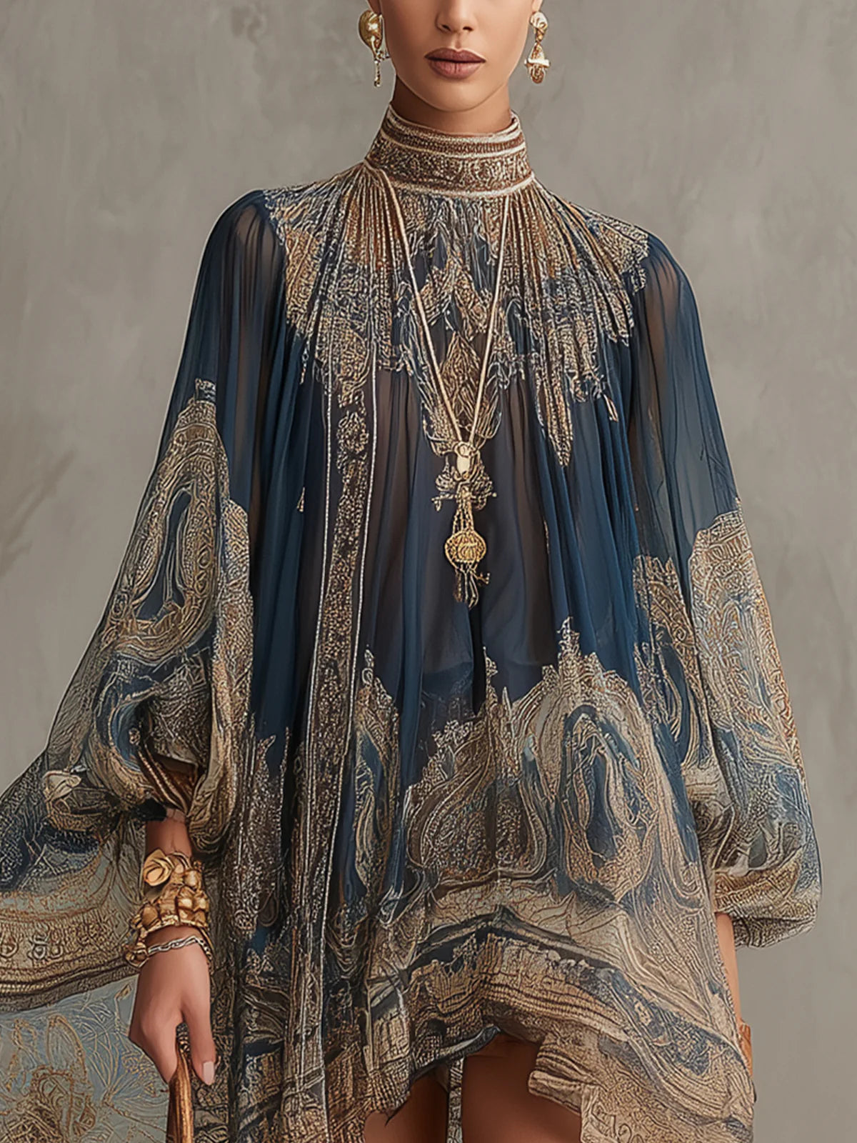 Flowering Girl Women Navy Blue Baroque Print High-neck Irregular Chiffon Mini Dress