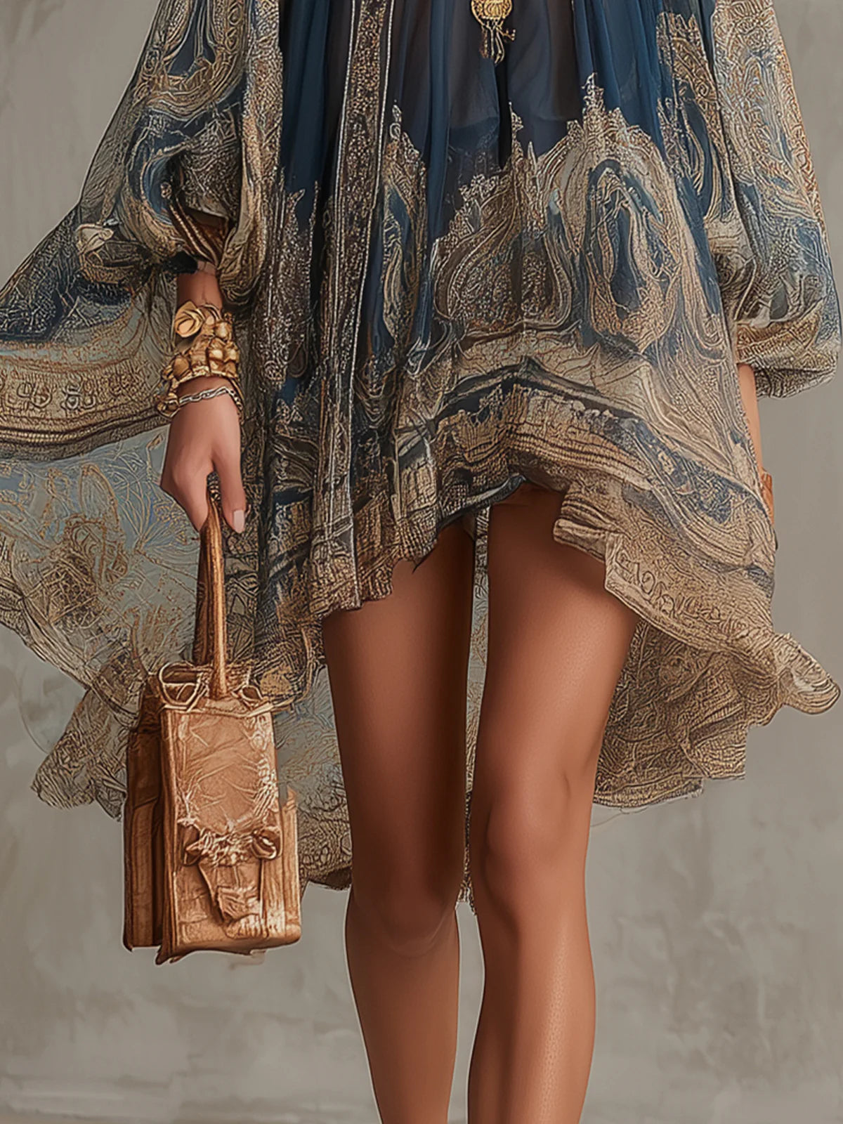 Flowering Girl Women Navy Blue Baroque Print High-neck Irregular Chiffon Mini Dress