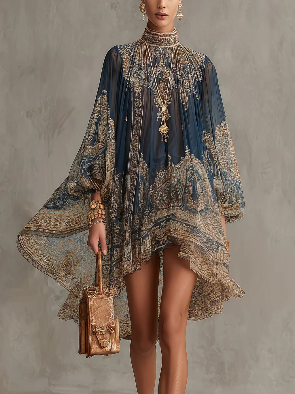 Flowering Girl Women Navy Blue Baroque Print High-neck Irregular Chiffon Mini Dress