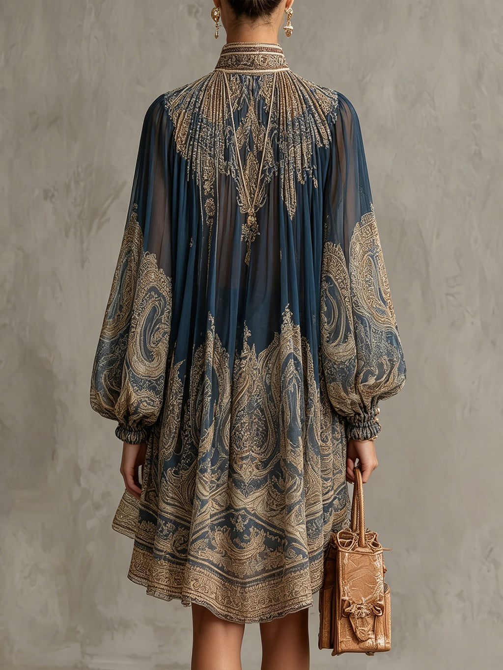 Flowering Girl Women Navy Blue Baroque Print High-neck Irregular Chiffon Mini Dress