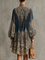 Flowering Girl Women Navy Blue Baroque Print High-neck Irregular Chiffon Mini Dress
