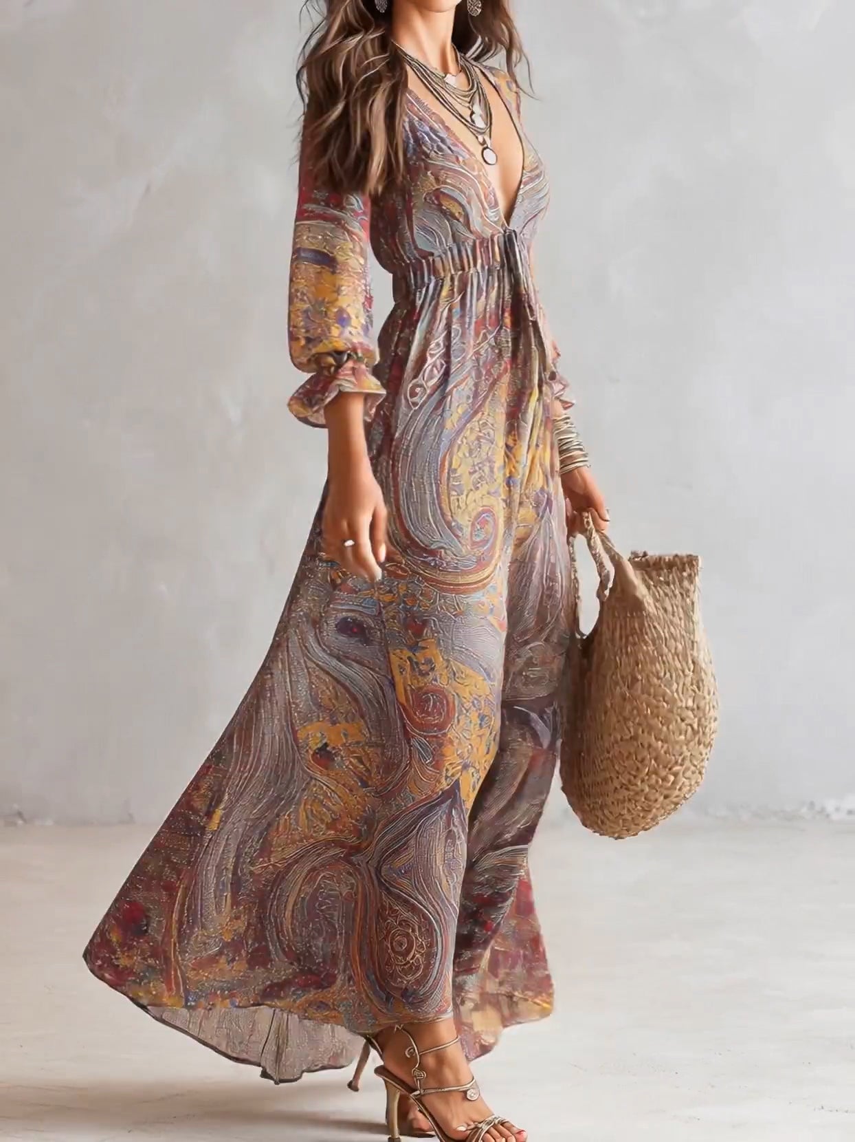 Flowering Girl Women Paisley Print V-neck Gathered Chiffon Maxi Dress