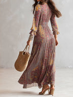 Flowering Girl Women Paisley Print V-neck Gathered Chiffon Maxi Dress