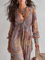 Flowering Girl Women Paisley Print V-neck Gathered Chiffon Maxi Dress