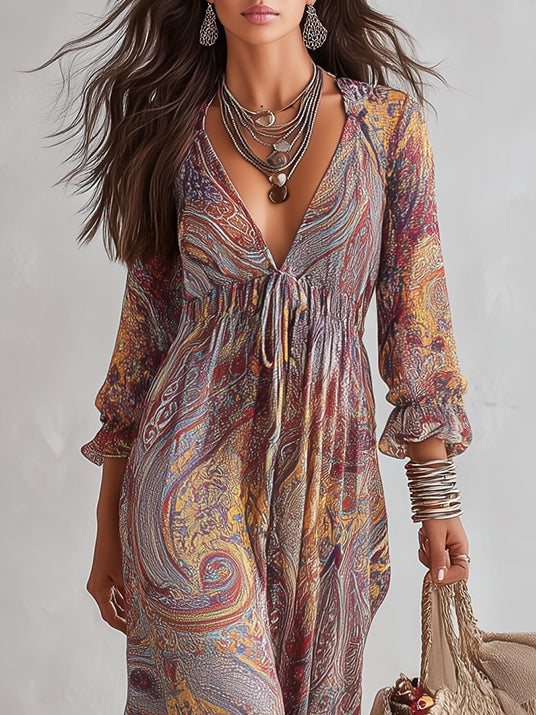 Flowering Girl Women Paisley Print V-neck Gathered Chiffon Maxi Dress