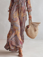 Flowering Girl Women Paisley Print V-neck Gathered Chiffon Maxi Dress