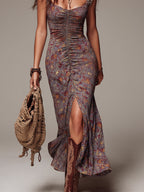Flowering Girl Women Grayish-purple Pleated Floral Print Slit Maxi Dress