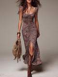 Flowering Girl Women Grayish-purple Pleated Floral Print Slit Maxi Dress