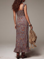 Flowering Girl Women Grayish-purple Pleated Floral Print Slit Maxi Dress