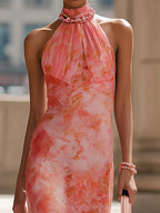 Flowering Girl Women Pink Floral Print Halter-neck Chiffon Maxi Dress