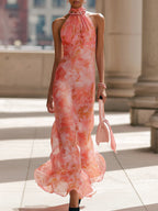Flowering Girl Women Pink Floral Print Halter-neck Chiffon Maxi Dress