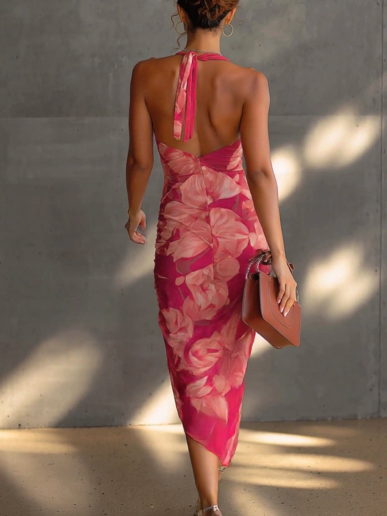 Flowering Girl Women Fuchsia Floral Print Sleeveless Ruched Side Split Bodycon Dress