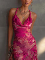 Flowering Girl Women Fuchsia Floral Print Sleeveless Ruched Side Split Bodycon Dress