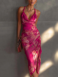 Flowering Girl Women Fuchsia Floral Print Sleeveless Ruched Side Split Bodycon Dress