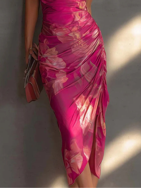 Flowering Girl Women Fuchsia Floral Print Sleeveless Ruched Side Split Bodycon Dress