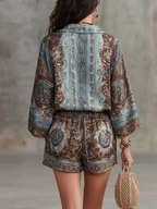 Flowering Girl Women Vacation Baroque Totem Print Shirt and Shorts Set