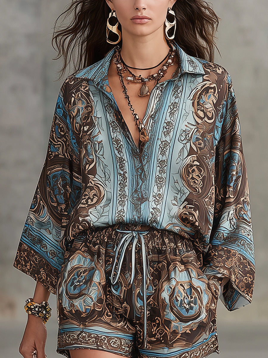 Flowering Girl Women Vacation Baroque Totem Print Shirt and Shorts Set