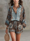 Flowering Girl Women Vacation Baroque Totem Print Shirt and Shorts Set