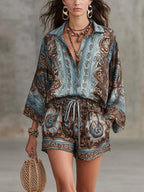 Flowering Girl Women Vacation Baroque Totem Print Shirt and Shorts Set