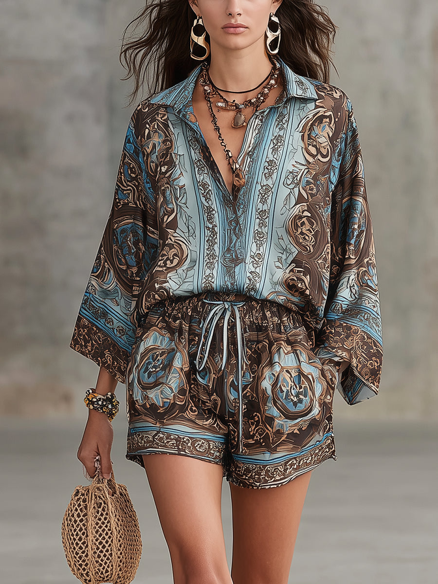 Flowering Girl Women Vacation Baroque Totem Print Shirt and Shorts Set