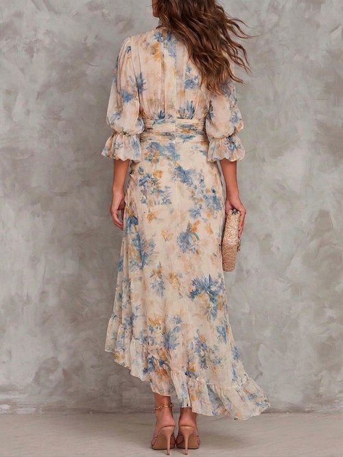 Flowering Girl Women Beige Turtleneck Oil Painting Floral Print Irregular Chiffon Maxi Dress