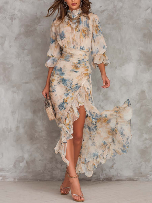 Flowering Girl Women Beige Turtleneck Oil Painting Floral Print Irregular Chiffon Maxi Dress