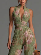 Flowering Girl Women Green Floral V-neck Sleeveless Zip-up Pleated Wide-leg Chiffon Jumpsuit