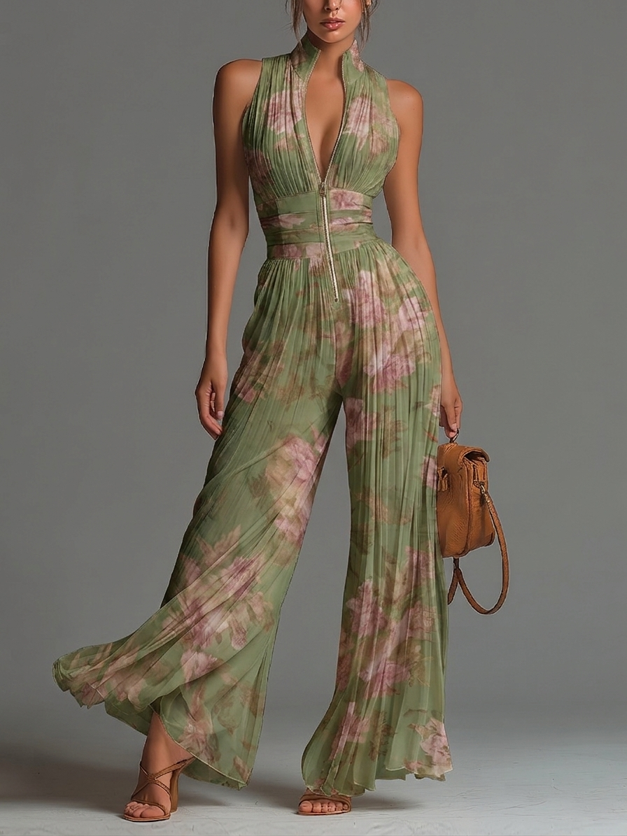 Flowering Girl Women Green Floral V-neck Sleeveless Zip-up Pleated Wide-leg Chiffon Jumpsuit