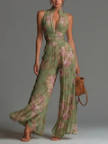 Flowering Girl Women Green Floral V-neck Sleeveless Zip-up Pleated Wide-leg Chiffon Jumpsuit