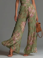 Flowering Girl Women Green Floral V-neck Sleeveless Zip-up Pleated Wide-leg Chiffon Jumpsuit