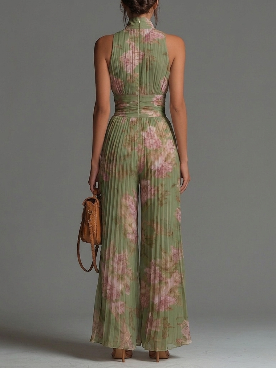 Flowering Girl Women Green Floral V-neck Sleeveless Zip-up Pleated Wide-leg Chiffon Jumpsuit