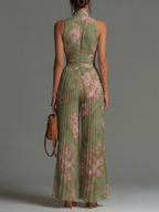 Flowering Girl Women Green Floral V-neck Sleeveless Zip-up Pleated Wide-leg Chiffon Jumpsuit