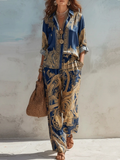 Flowering Girl Women Navy Baroque Print Shirt And Wide-leg Pants Two-piece Set