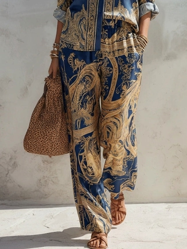 Flowering Girl Women Navy Baroque Print Shirt And Wide-leg Pants Two-piece Set