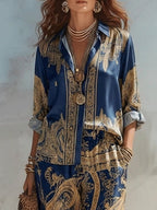 Flowering Girl Women Navy Baroque Print Shirt And Wide-leg Pants Two-piece Set