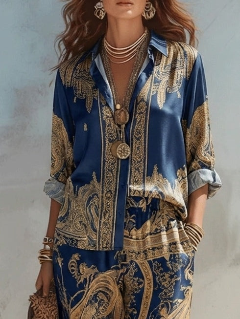 Flowering Girl Women Navy Baroque Print Shirt And Wide-leg Pants Two-piece Set