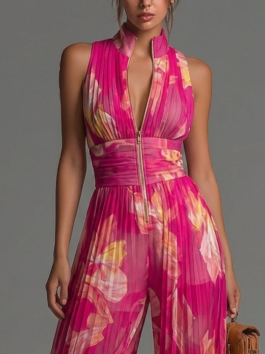 Flowering Girl Women Fuchsia Floral Print Sleeveless Zippered Pleated Wide-leg Chiffon Jumpsuit