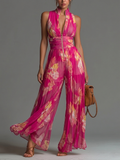 Flowering Girl Women Fuchsia Floral Print Sleeveless Zippered Pleated Wide-leg Chiffon Jumpsuit