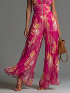 Flowering Girl Women Fuchsia Floral Print Sleeveless Zippered Pleated Wide-leg Chiffon Jumpsuit