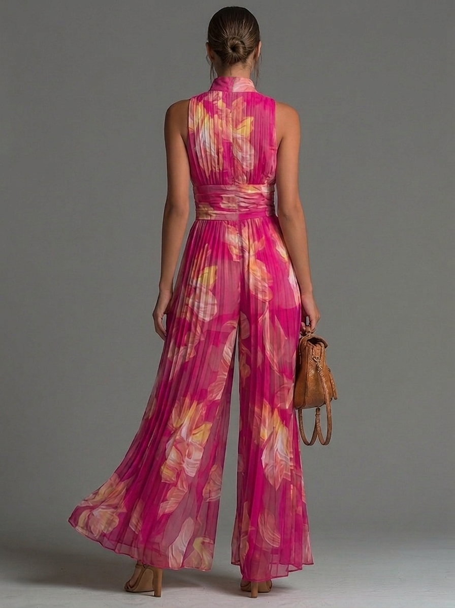 Flowering Girl Women Fuchsia Floral Print Sleeveless Zippered Pleated Wide-leg Chiffon Jumpsuit