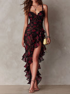 Flowering Girl Women Chic Black And Red Floral Ruched Ruffle Hem Dress