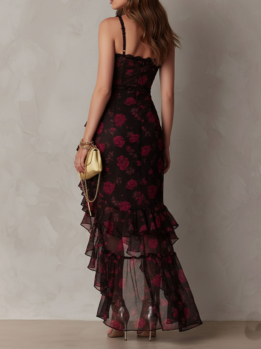 Flowering Girl Women Chic Black And Red Floral Ruched Ruffle Hem Dress