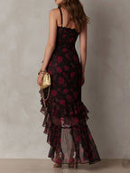 Black And Red Floral Ruched Ruffle Hem Dress