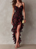 Black And Red Floral Ruched Ruffle Hem Dress