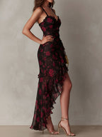 Flowering Girl Women Chic Black And Red Floral Ruched Ruffle Hem Dress