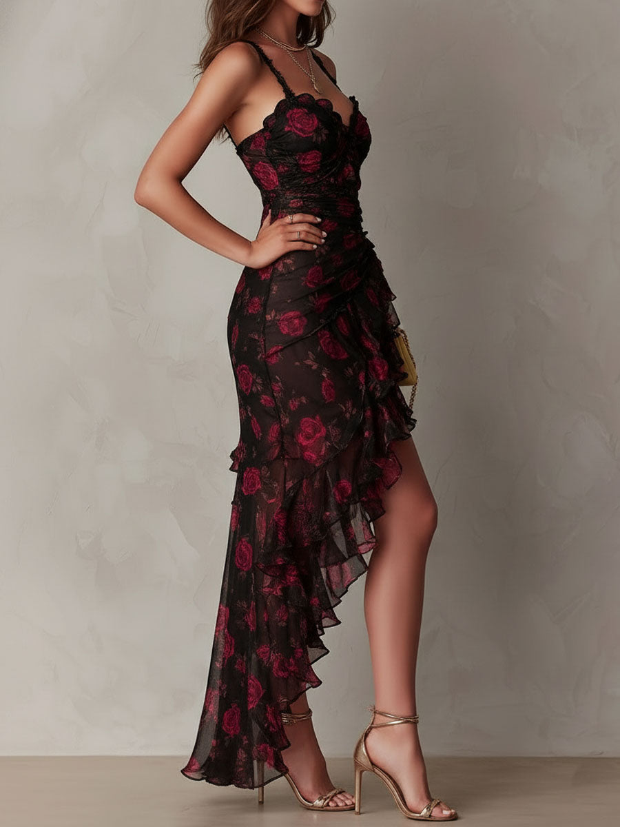 Flowering Girl Women Chic Black And Red Floral Ruched Ruffle Hem Dress