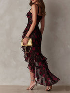 Flowering Girl Women Chic Black And Red Floral Ruched Ruffle Hem Dress