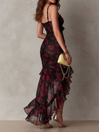 Flowering Girl Women Chic Black And Red Floral Ruched Ruffle Hem Dress